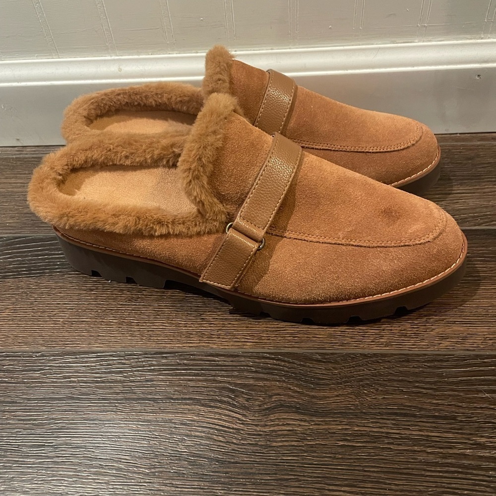 Vionic Kailen Faux Fur Shearling Mules Comfort Orthotic Comfy Fuzzy in Toffee 10 - Picture 3 of 12